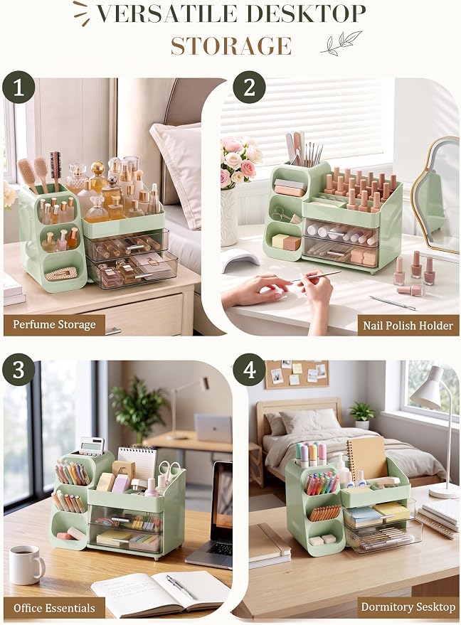 Makeup Organizer with Drawers,Large Capacity Countertop Organizer for Vanity,Bathroom and Bedroom Desk Cosmetics Organizer,Easy To Storage Skincare,Brushes,Lotions (Green) - Image 6