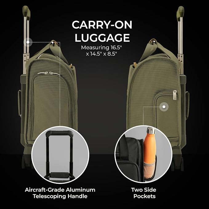 Briggs & Riley Cabin Spinner - Carry On Luggage for Travel, Suitcases with Wheels, Softside Rolling Bag for Men & Women, Fits Under Plane Seat, Interlocking Handle - Baseline Collection, Olive - Image 3