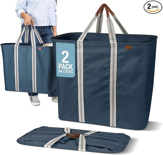 CleverMade LUXE Collapsible Laundry Caddy, 64L, 2 Pack, Navy Noir | Refined fabric and vegan leather details suit open rooms. The structured frame carries 2 loads and folds flat for storage. by CleverMade