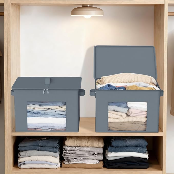 Zilink Fabric Foldable Storage Boxes with Lid 4-Pack Stackable Storage Bins with Zipper & Clear Window Fabric Closet Containers and Organizers for Home, Office, Bedroom (Grey,17" x 12" x 12") - Image 5
