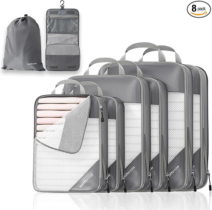 Compression Packing Cubes 8 Set, Compressible Space-Saving Packing Cubes for Travel - Compression Bags, Luggage Organizer, Travel Essentials for Women, Beige by NICOSHOW