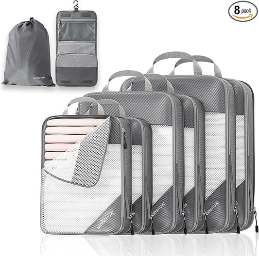 Compression Packing Cubes 8 Set, Compressible Space-Saving Packing Cubes for Travel - Compression Bags, Luggage Organizer, Travel Essentials for Women, Beige by NICOSHOW