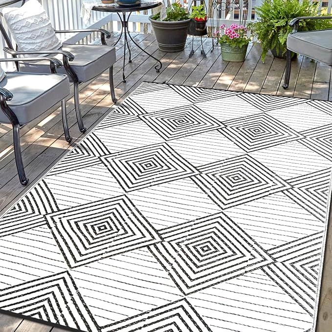 Waterproof Outdoor Rug 9x12ft, Foldable Reversible Plastic Straw Mat for Patio RV Deck Porch Backyard Balcony Camping Picnic Beach Indoor Outdoor Carpet, Black&White by DiiKoo