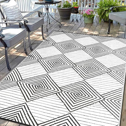 Waterproof Outdoor Rug 9x12ft, Foldable Reversible Plastic Straw Mat for Patio RV Deck Porch Backyard Balcony Camping Picnic Beach Indoor Outdoor Carpet, Black&White by DiiKoo