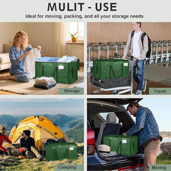 4 Pack-Extra Large Heavy Duty Moving Bags - Waterproof Storage Totes with Handles & Zippers, Foldable for College Dorm, Storage (olive green) - Image 7