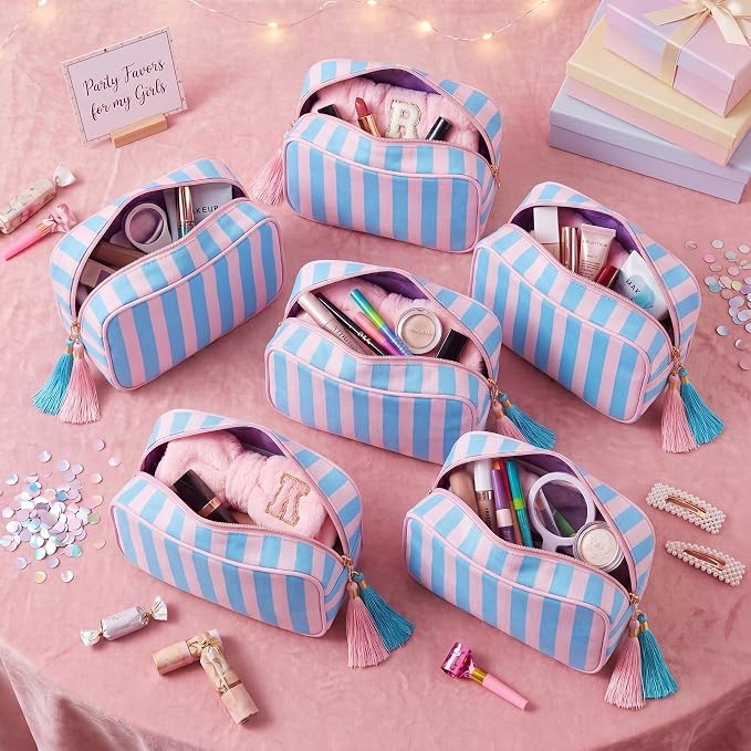 Kacctyen 6 Pack Peony Pink and Slate Blue Striped Makeup Bag bulk with Tassel Travel Cosmetic Pouch Organizer Large Zipper Toiletry Case for Women Aesthetic Storage Pouch Mahjong Tile Bag - Image 4