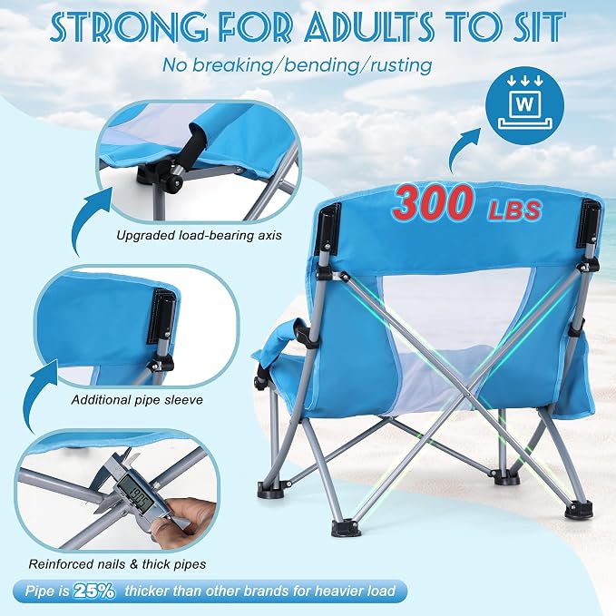 HaSteeL Low Beach Chairs for Adults, Lightweight Camping Folding Chair with Carrying Bag, Portable for Outdoors Lawn Backyard Patio RV Trip Fishing Sport Tailgating, Support 300LBS, Blue, 2 Pack - Image 4
