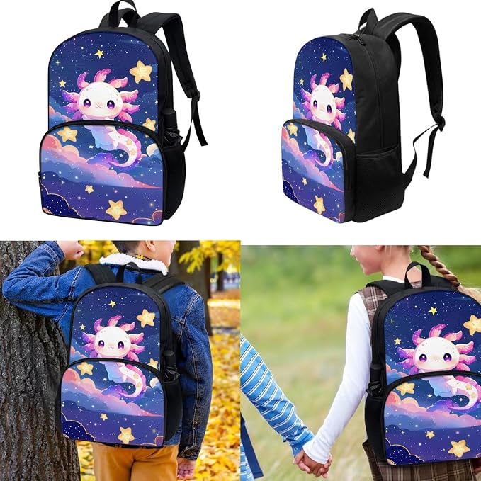 Axolotl Backpack with Lunch Box Pencil Case 3 in 1, Kids School Bag Girls Book Bags Lightweight Backpacks for Travel Sports Gym - Image 2