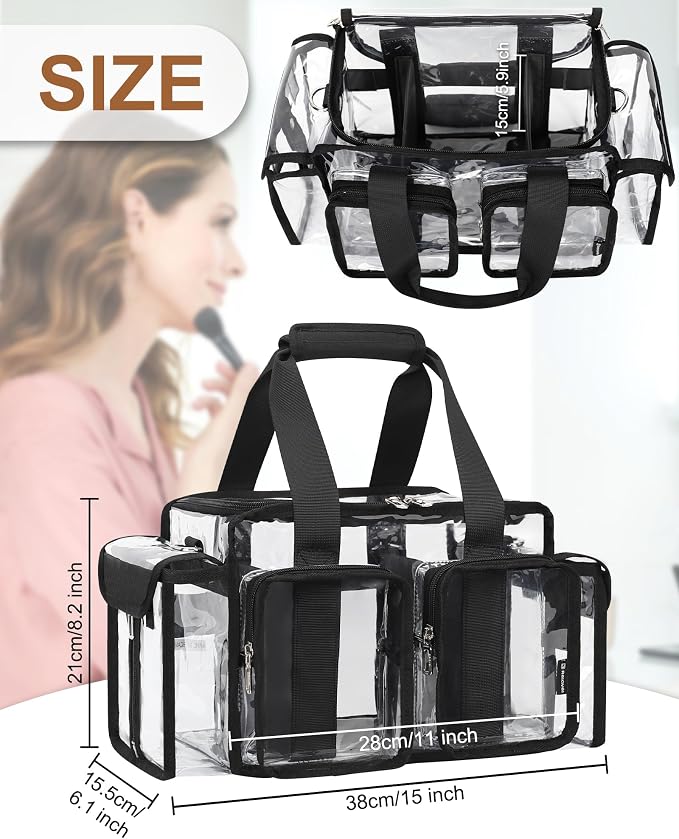 Relavel Clear Makeup Bag Professional Makeup Artist Kit Set Travel Cosmetic Organizer Case Transparent Stadium Approved Tote Bag Toiletry Lunch Duffle Work Shoulder Bag with Adjustable Dividers, Black - Image 5