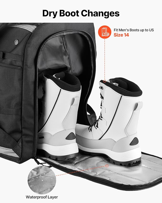 VEVOR Ski Boot Bag, Snowboard Boots Travel Backpack for Men Women, with Waterproof Exterior & Bottom, Durable 1680D Oxford, Bag for Skis, Snowboard, Helmet, Goggles, Gloves, Accessories - Image 5