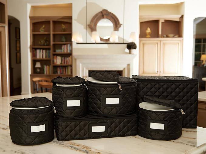 Covermates Keepsakes Dish Storage Set – Padded China & Dinnerware Storage Cases with Dividers, Cup & Stemware Storage, Quilted Polyester Protection, ID Window, Black - Image 7