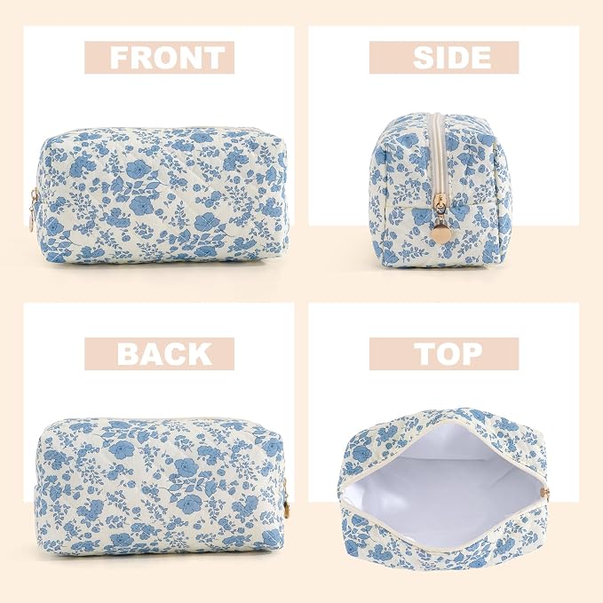 Makeup Bag Travel Toiletry Bag for Women, Small Cosmetic Bags Cute Quilted Cotton Makeup Pouch for Purse Emergency Bag Pencil Case Accessory Bag, Blue - Image 2