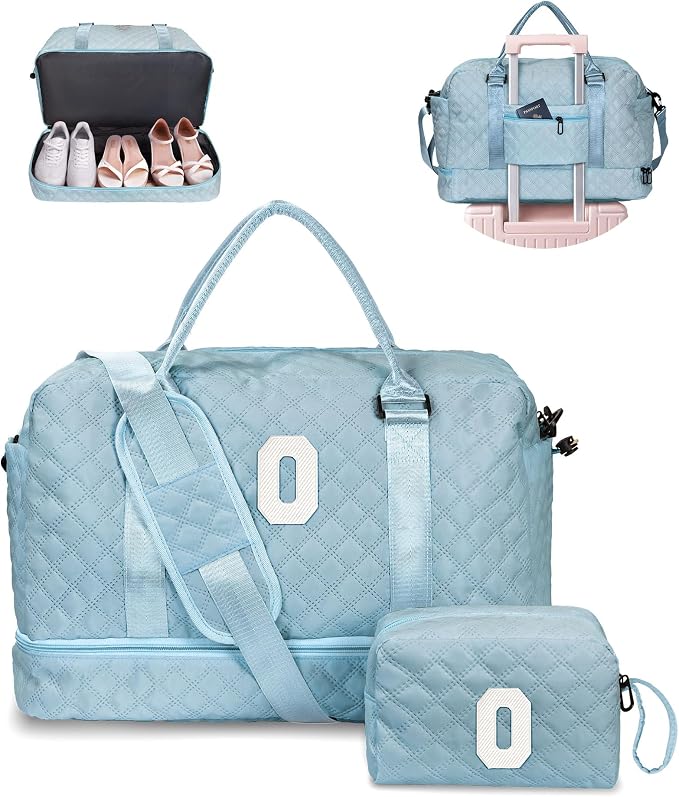 Personalized Gifts-Teen Duffle Bag with Shoe Compartment, Personalized Weekender Bag, Monogram Overnight Bag, Letter Travel Bag with Makeup Bag，Birthday Gift For Grandma (Letter O) by Vogewood