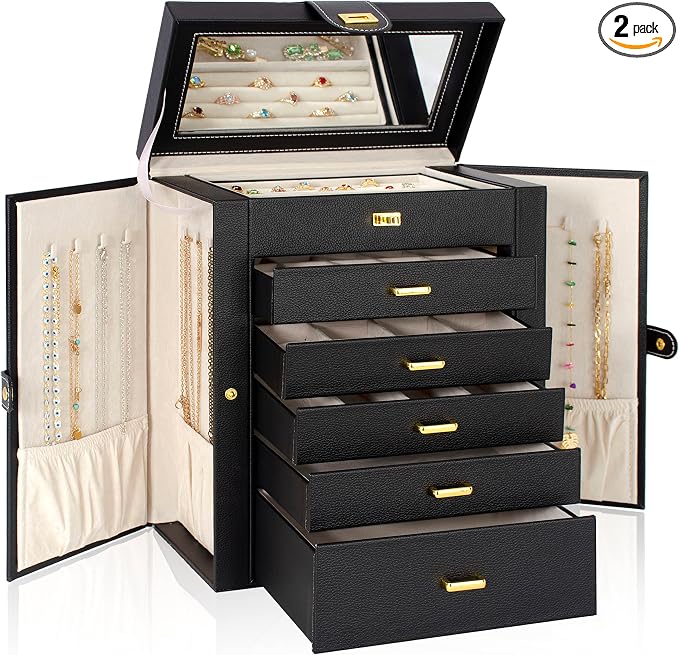 AKOZLIN 6-Tier Jewelry Box Organizer Functional 5 Drawers Leather Jewelry Storage Case for Women Girls Ring Necklace Earring Bracelet Holder Organizer with Mirror Black Large by AKOZLIN