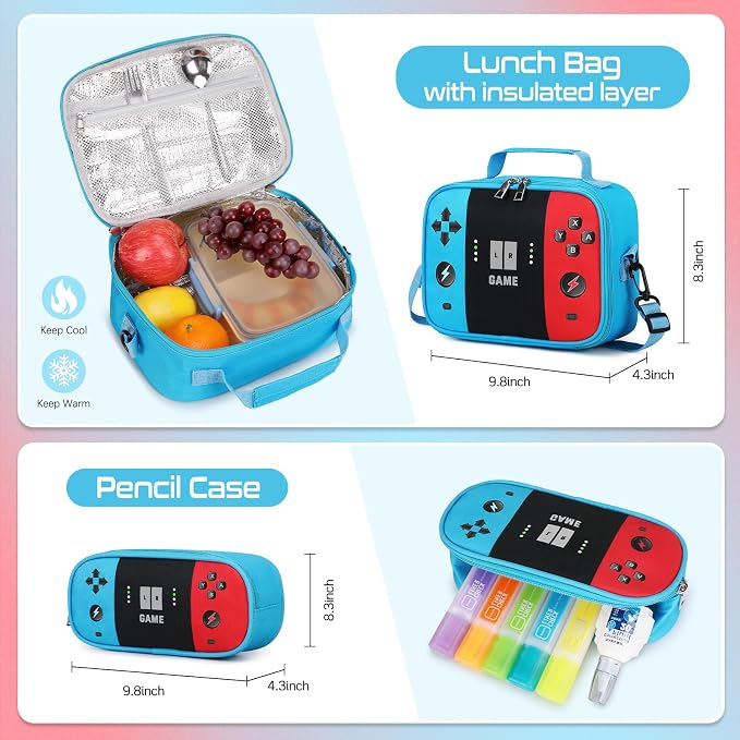 Gamer Backpack for Boys , 3PCS Boys Backpack with Lunch Box & Pencil Pouch, Waterproof School Bags for Boy Kids Children Teens, Elementary Middle School, Kids Book Bag Casual Daypack (Red Blue) - Image 6