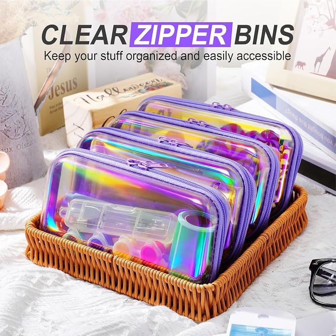 Hoolerry 4 Pcs Hard Clear Zipper Case Makeup Bags Plastic Zipper Pouch Transparent Storage Box Containers for Cosmetics, Snacks, Building Blocks, Puzzles(Clear,7.5 x 3.9 x 2 in,Purple Laser) - Image 5