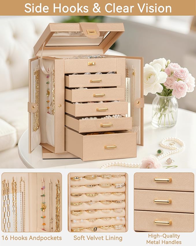 AKOZLIN 6-Tier Jewelry Box Organizer Functional 5 Drawers Leather Jewelry Storage Case for Women Girls Ring Necklace Earring Bracelet Holder Organizer with Mirror Champagne S-Medium - Image 7