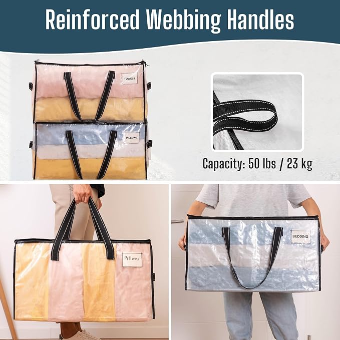 VENO 8 Pack Heavy Duty Moving Bags, Clear Storage Bags for Clothes and Comforters, College Dorm Essentials Packing Supplies, Foldable Boxes Alternative (Clear, 8 Pack) - Image 5