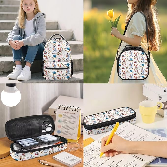 Vintage Baseball Player Backpack & Lunch Box 4-in-1 Set, School Bag with Pencil Case & Dinosaur Charm 17 Inch Backpack for School Sports Team Large Capacity Bookbag for Girls 6th 7th Grade - Image 2