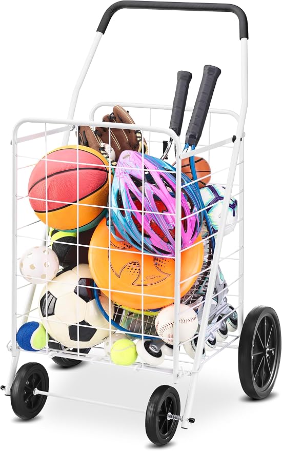 Whitmor Deluxe Utility Foldable Shopping Cart with Wheels, 100 Lb Capacity, Heavy Duty Grocery Cart with Steel Frame, Foam Handle, Rolling Folding Utility Trolley for Grocery, Laundry, Travel, White - Image 6