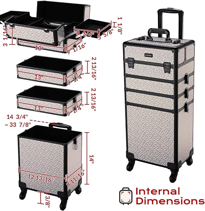BYOOTIQUE 4in1 Cosmetology Case on Wheels w/Cosmetic Storage Makeup Artist | Aluminum Rolling Makeup Suitcase 360° Detachable Wheel Lockable Makeup Case Organizer w/ Mirror Nail Tech AD Graphite - Image 7