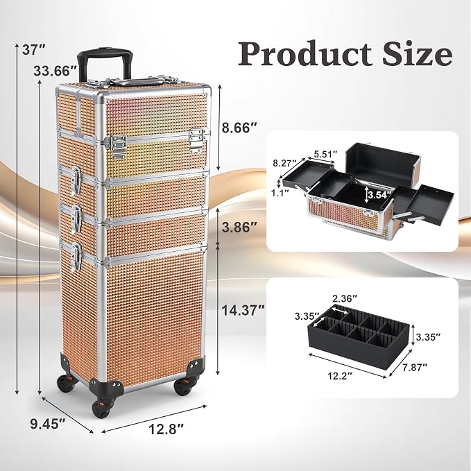 4 in 1 Makeup Train Case - Professional Cosmetology Case on Wheels, Large Transformable Makeup Train Case & Barber Case, Portable rolling makeup case & Makeup Cart, Rose Gold - Image 7