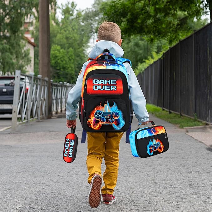 Bevalsa Backpack for Boys, School Bags for Kids, Bookbag for Boys Children Teens Backpacks for Elementary Middle High School Student, Bookbag and Lunch Bag Set with USB Charging Port (Flame) - Image 7