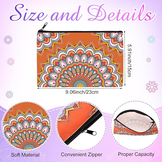 Hillban 36 Pcs Mandala Makeup Bags Bohemian Cosmetic Bags for Women Mandala Flowers Travel Toiletry Pouch with Zipper Portable Organizer Pouch for Cosmetics Makeup Brushes, 12 Styles - Image 2