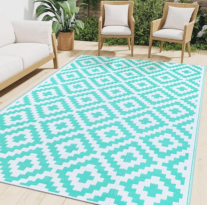 Smiry Waterproof Outdoor Rug 9X18 ft, Reversible Plastic Straw Patio Camping Rugs, Outdoor Indoor RV Mat Carpet for Patio, Outside Entry, Backyard, Deck, Bench, Picnic, Camper, White & Teal by Smiry
