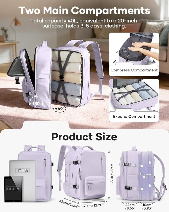winspansy Vacuum Backpack Travel with Pump Carry on Luggage Flight Approved Essentials Personal Item Travel Bag with Vacuum System Waterproof Compression Backpack for Women Men Mochila de Viaje Purple - Image 2