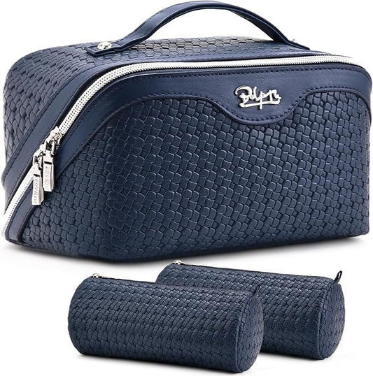 BOYATU Travel Makeup Bag Cosmetic Bags for Women: Large Capacity 3 Pcs Set Make up Bag with Compartments - Waterproof Vegan Leather Toiletry Organizer Bags with Handle (L40 Blue) by BOYATU