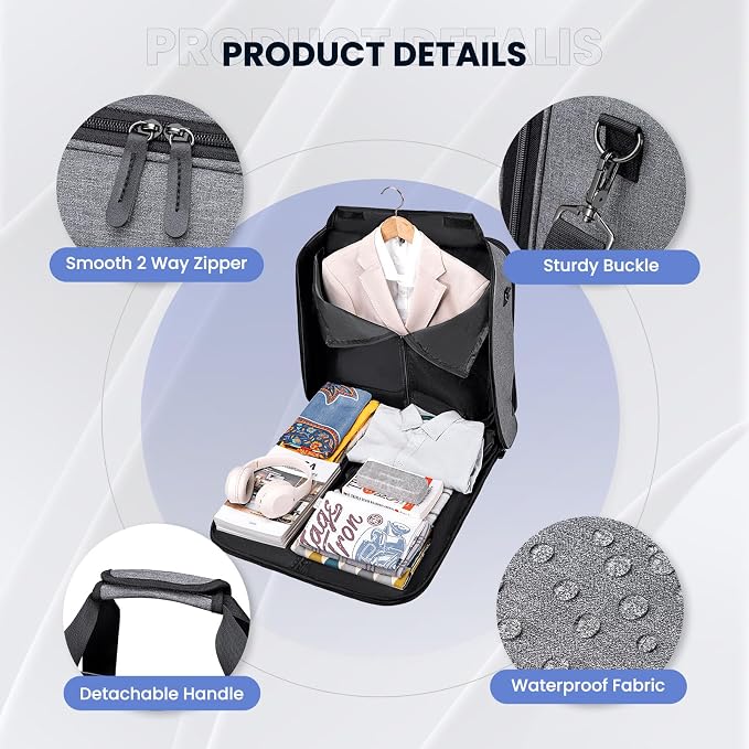 Garment Bags for Travel, Double Layered Carry on Garment Bag with Shoulder Strap, Foldable Suit Travel Bags for Men, Wrinkle Free Garment Travel Bag for Hanging Clothes, Dark Grey - Image 5