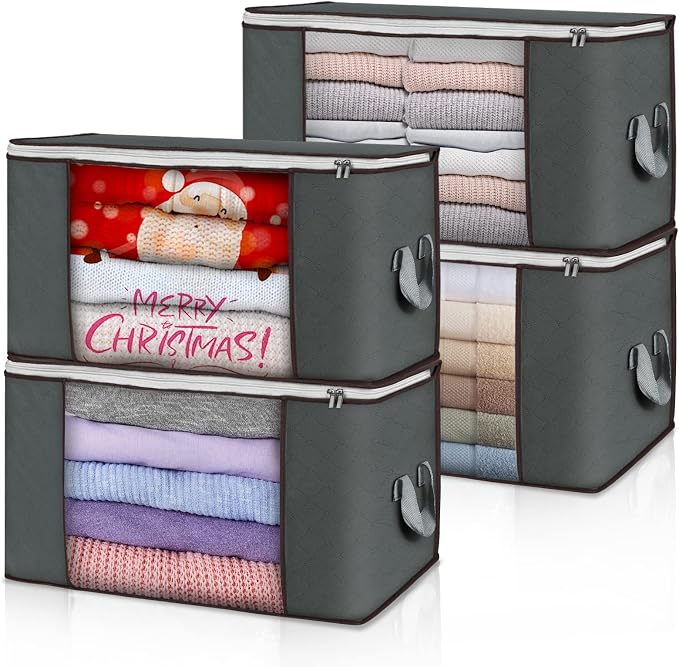 Large Storage Bags, 4 Pack Clothes Storage Bins Foldable Closet Organizers Storage Containers with Durable Handles Thick Fabric for Blanket Comforter Clothing Bedding 90 L (Gray) | Foldable Storage Containers, with Reinforced Handle, for Clothing, Blan... by BuddingJoy-BuildaJoyfulLifeforYou