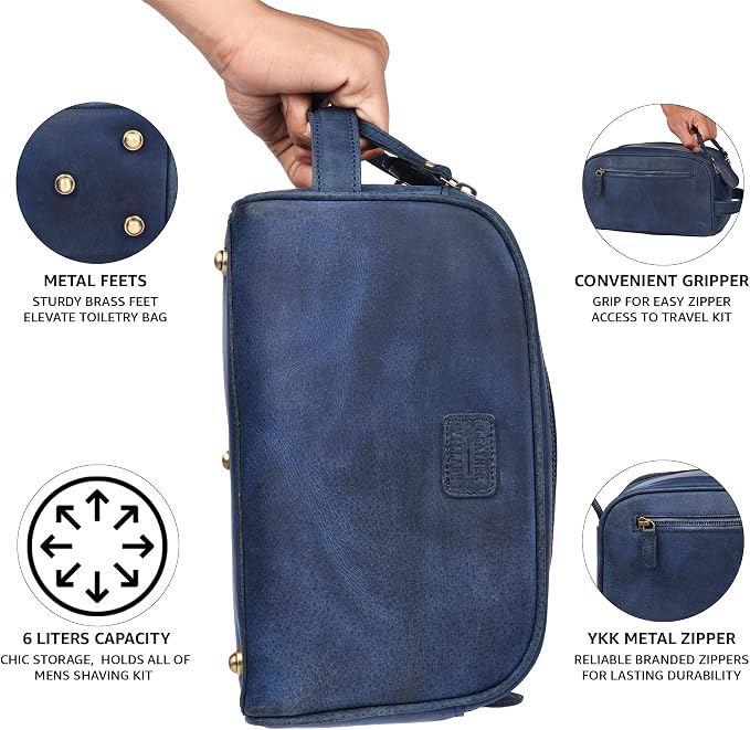 LEATHER VILLAGE Genuine Leather Toiletry Travel Bag With Waterproof Lining - Blue | King-Size Handcrafted Vintage Dopp Kit Bag, Shaving & Bathroom Organizer, Gift for Men & Women - Image 5