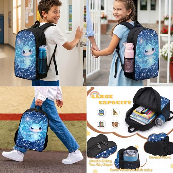 Blue Axolotl Backpack for School Girls 2nd Grade with Lunch Box 17in Elementary Bookbag and Lunch Bag Set 4 in 1 Galaxy Back Pack for Kids 6-8/5-7 - Image 3
