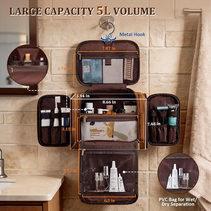 Personalized Mens Large Leather Travel Toiletry Bag Hanging Dopp Kit Grooming with Laser Engraved Initials, Custom Monogrammed Gifts for Groomsmen Groom Boss Friend Brother, Mustard Letter B - Image 5