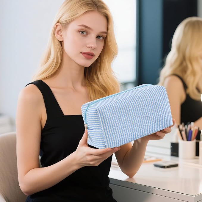 6PCS Makeup Bag Travel Toiletry Bag for Women, Small Cosmetic Bags Cute Blue Stripe Aesthetic Organizer Makeup Pouch for Purse Emergency Bag Pencil Case Accessory Bag - Image 7