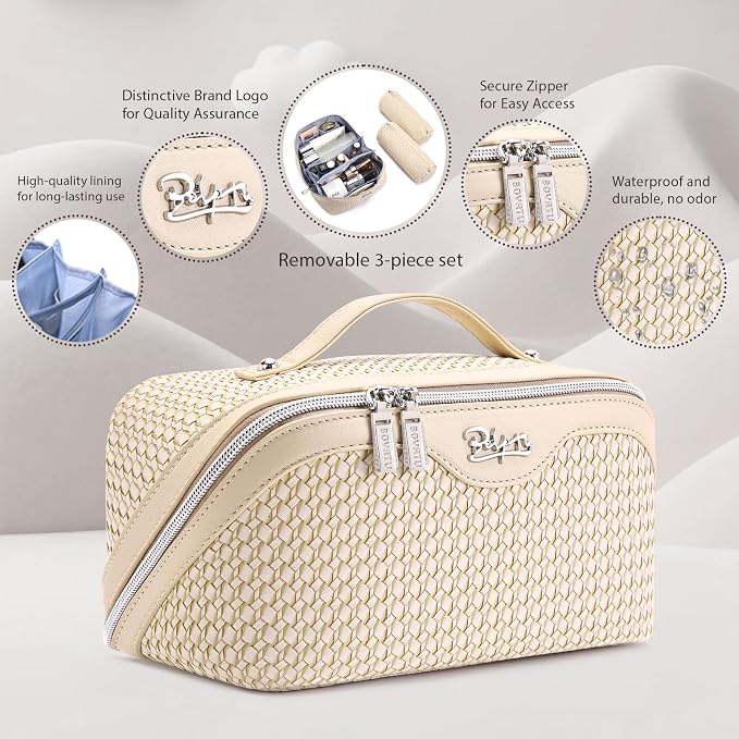 BOYATU Travel Makeup Bags for Women: Large Capacity Make up Bag with Wide Opening - 3 Pcs Set Waterproof Travel Toiletry Organizer for Full-Sized Bottles, Cosmetics & Brushes (Apricot-W) - Image 2