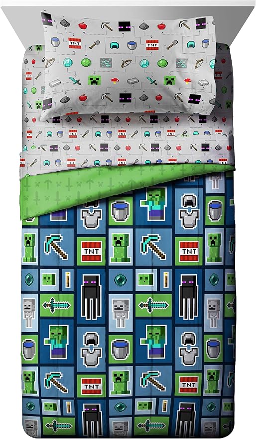 Minecraft Creeper Full Size Comforter Set 5 Piece Kids Bedding, Multi | Zombie, Bed in a Bag, Comforter Sheets Pillowcases, Official Product, Soft Microfiber, Machine Washable, Boys Gift - Image 2