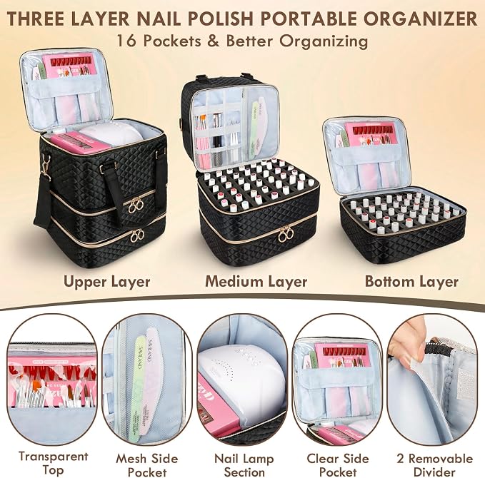 Nail Polish Organizer Bag, 3 Layers Nail Kit Organizers and Storage Case Holds 84 Bottles(15ml/0.5fl.oz)& Nail Lamp, Large Shoulder Bag Travel Carrying Case Box for Nail Supplies - Image 2