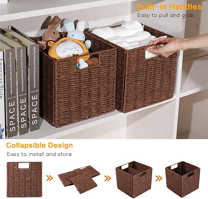 Vagusicc Wicker Storage Basket, Set of 2 Hand-Woven Storage Baskets for Shelves, Foldable Cube Storage Baskets Bins with Handles, 9 inch Small Wicker Baskets for Organizing Pantry Bedroom, Brown - Image 3