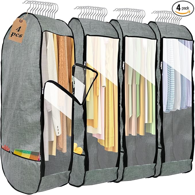 4PCS Garment Bags for Hanging Clothes,Chakera Large Breathable Garment Bag for Closet Storage with 10”Gusseted,Clear Clothing Storage Garment Cover for Dress Sweater with Double Zipper,Grey by CHAKERA