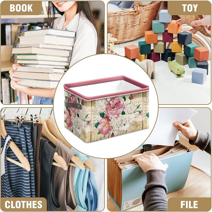 Vintage Rose Floral Foldable Baskets Storage Bins with Handles, Decorative Cloth Organizer Storage Boxes 2 sets - Image 7