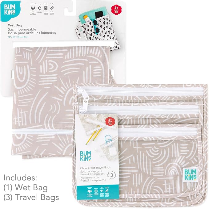 Bumkins - Waterproof Wet Bag & Clear Travel Bags - For Beach, Baby, Travel, Swim Suit, Cloth Diapers, Pump Parts, Pool, Gym, Toiletries - Reusable & Easy to Clean - Boho Beige - 4 Pack - Image 7
