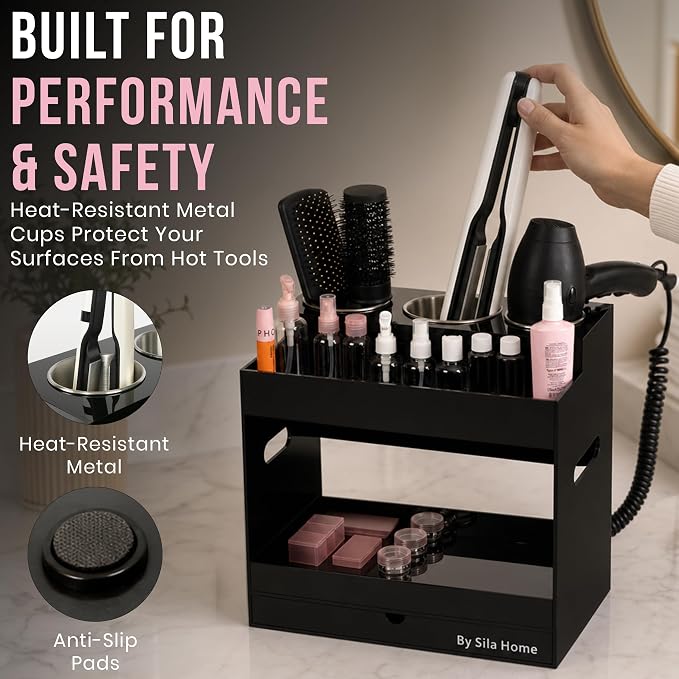Hair Tool Organizer Countertop Extra Wide Bay | Bathroom & Hot Tools Organizer For Hair | Hairdryer Holder For Bathroom Vanity | Hot Tools Storage for Curling Iron Straightener, 3 Stainless Cups Black - Image 7