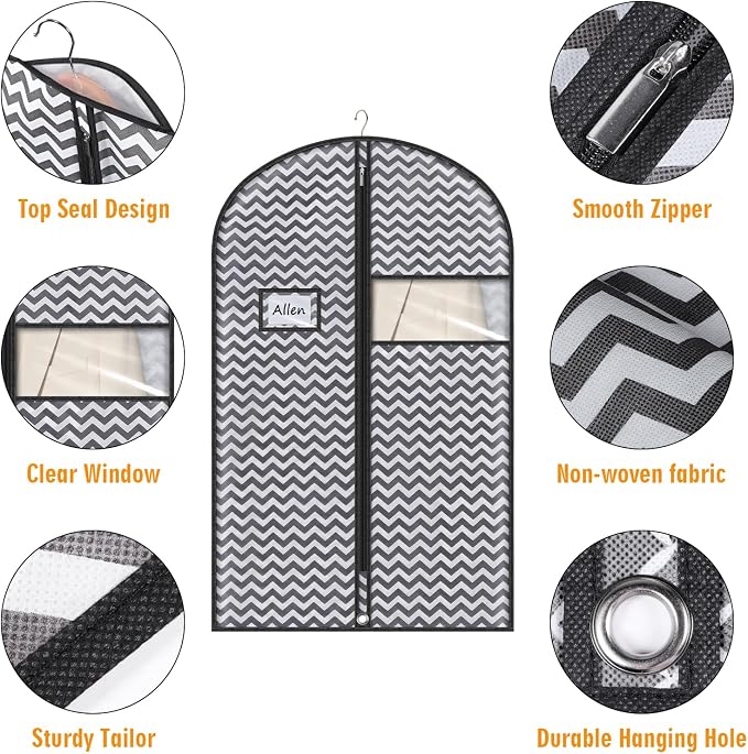 Syeeiex 40" Suit Bag, Set of 5 Garment Bags for Hanging Clothes, Suit Bags for Closet Storage, Garment Bags for Storage Suits,T-shirts, Jackets and Coats (Dark Grey) - Image 3