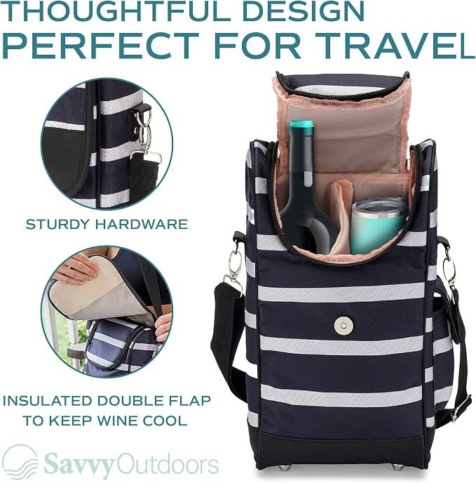 Savvy Outdoors Insulated Wine Tote Bag with Stemless Glasses & Exterior Pouch - Foldable Wine Carrier & Portable Cooler - Image 3