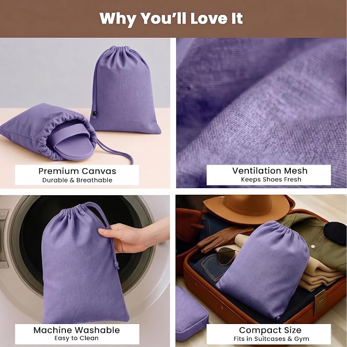LFH Cotton Rich Shoe Storage Bags with Drawstring, Dustproof Breathable Reusable Organizer, Perfect For Travel, Dorm, Hotel,College,Gym,Easy to Carry,Machine Washable12"x17" (Pack of 2)-Lavender - Image 4