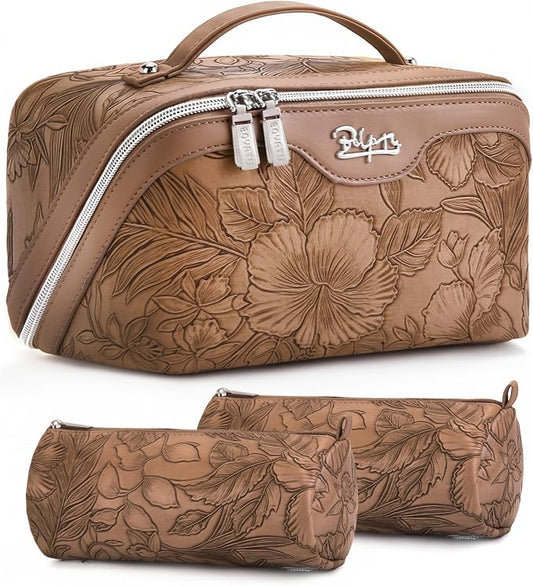 BOYATU Travel Makeup Bags Cosmetic Organizer Bag: 3-Set Large Capacity Make up Bag - PU Leather Toiletry Bags for Women - Wide Open Portable Pouch with Divider & Handle (01-Z-Brown) by BOYATU