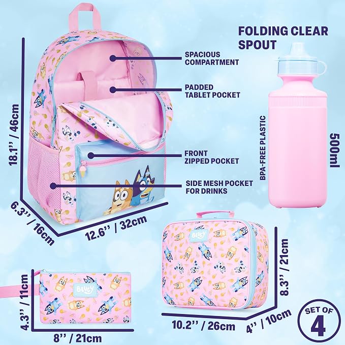 Get Trend Bluey Girls Backpack, Lunch Bag, Pencil Case, Water Bottle | 4 Piece Set, 18 inch Bookbag, Insulated Lunch Bag, Pencil Pouch & 16.9 fl oz BPA-Free Water Bottle, School, Gifts for Girls - Image 3